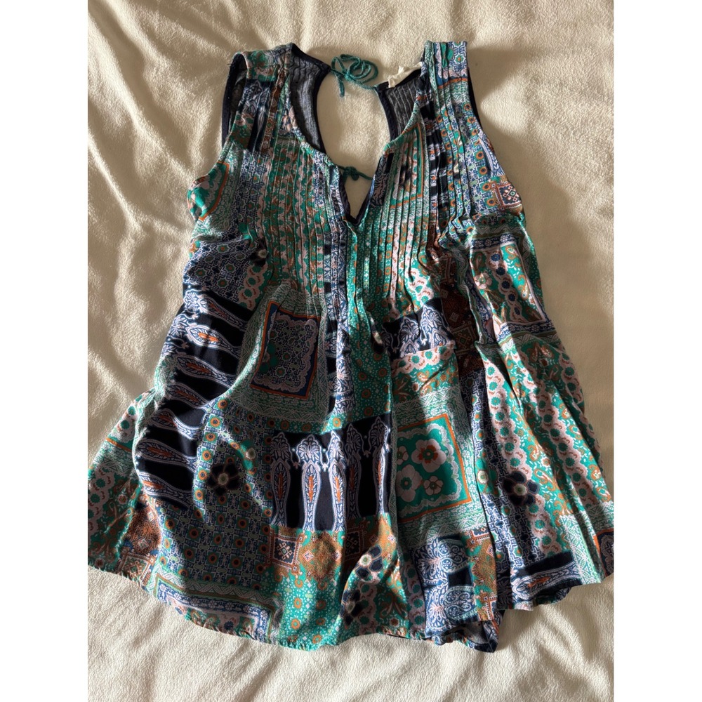 Hem & Thread Boho Patchwork Paisley Open Tie Back Pleated Tank Top Small L2684
